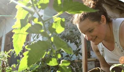 A volunteer works in the garden